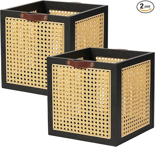 2PCS Rattan Storage Cubes Wooden Storage Baskets Boxes Decorative Natural Handmade Bohemian Solid Wood Woven Wicker Cane Bin Closet Shelf Clothes Organizer Books Magazine Holder (Black)
