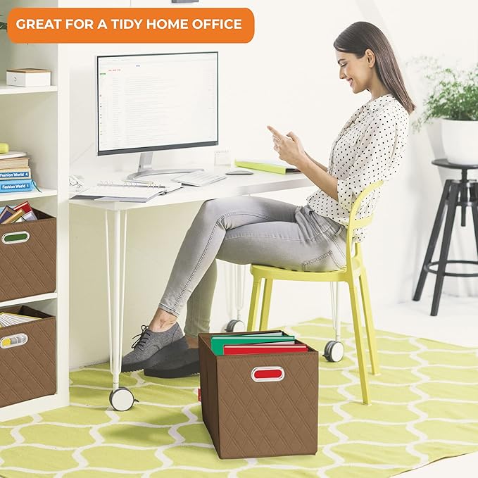 FH Group JIAessentials 13" Faux Leather Foldable Storage Cube Bins Set of 2 – Brown Diamond Patterned Organizers with Handles for Closet & Shelves