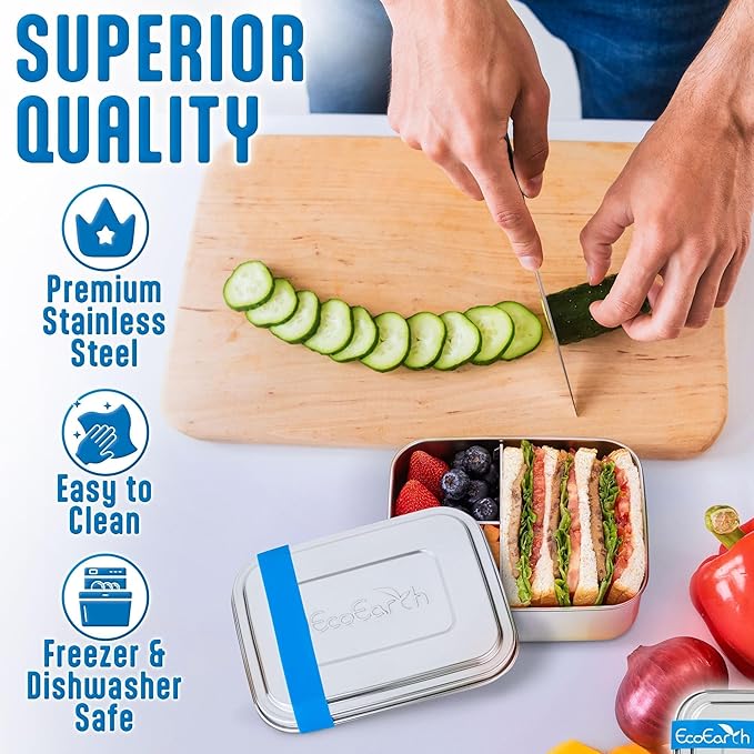 EcoEarth Stainless Steel Bento Box - 27 oz - Leakproof Metal Lunch Boxes for Adults with 3 Compartments - Small Tin Food Containers with Condiment Cups - Snack Box for Work - Blue