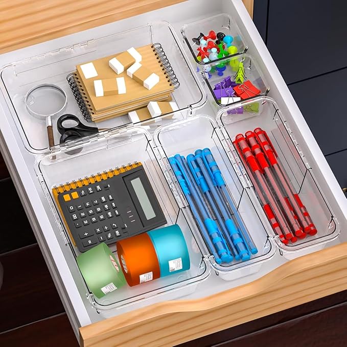 25-Piece Clear Drawer Organizer Set - Adjustable Acrylic Storage Bins with 3 Sizes for Makeup, Kitchen Utensils, Bedroom Dressers - Desk & Tool Organizer for Home, Office, Craft Rooms