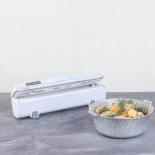Restaurantware-RW Base Food Wrap Dispenser with Cutter, 1 Refillable Cling Wrap Dispenser - Fits 12” to 18” x 1000’ Rolls, Press Down and Cut, White Plastic Aluminum Foil, Sharp Blade