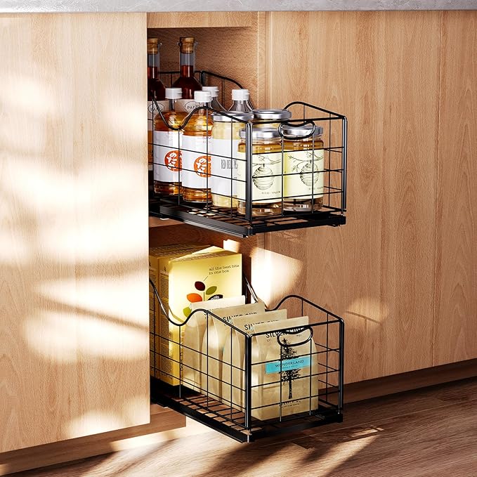 Narrow Cabinet Organizer,Carbon Steel Pull Out Cabinet Organizer,Fixed Heavy Duty Kitchen Cabinet Slide Out Shelves for Storing and Organizing Bathrooms, Kitchens, Bedroom (Black, Deep 16.7")