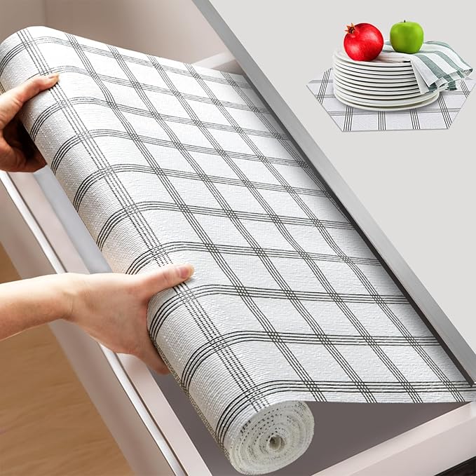 Beautysaid Shelf and Drawer Liner for Kitchen Cabinet, Non Adhesive Non Slip Shelf Paper Waterproof Washable Thickened for Dresser Pantry Shelve Bathroom Protector Liner(Plaid,12 in x 30FT)