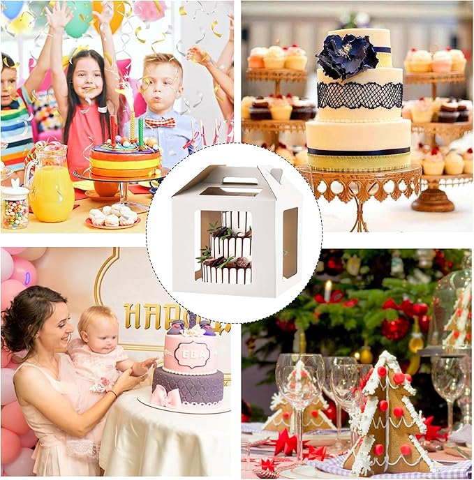 XININSUN Tall Cake Boxes for Tier Cakes 14x14x14 Inch Tall Cake Carrier with 6 Windows,Large Tierd Cake Take Out Transport Containers with Handle for Wedding, Birthday, Party-2Pack
