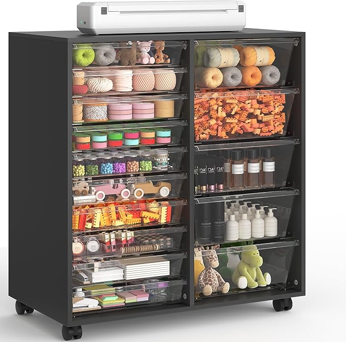 WOPITUES Rolling Cart with Wooden Tabletop, Mobile Storage Cabinet with 15 Clear Drawers, Craft Cabinet with 5 Large Drawers, Printer Stand Home Office, Black Dresser Chest