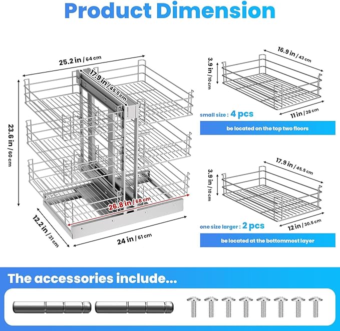 Min 17" W Opening Blind Corner Pull Out Organizer, 3 Tier 6 Shelf Kitchen Cabinet Organizer, Chrome Carbon Steel Storage Basket, Slide Out Storage Organizer, Left & Right Open Compatible