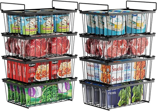 iSPECLE Deep Freezer Organizer, 8 Pack Wire Baskets for 5 Cu.Ft Chest Freezer & Upright Freezers (Over 8.5 Cu.Ft), 14" x 9.4" Stackable Heavy Duty Storage Bins Easy Access to Sort Meat, Black