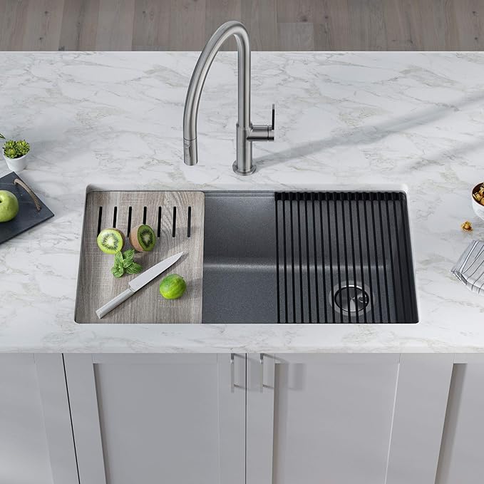 KRAUS Kitchen Sink Bellucci 32” Undermount Workstation Granite, Metallic Gray, Accessories, KGUW2-33MGR