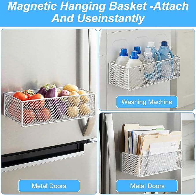 Ckhoid 2PCS Magnetic Basket Bins, 10 × 5 × 3 inch Fridge Organizer Holder, Heavy Duty Metal Basket Storage Shelf, Spice Storage Rack Organizer for Refrigerator, Home Kitchen Organization Accessories