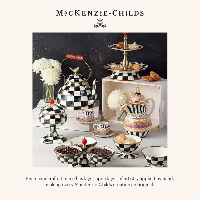 MACKENZIE-CHILDS Enamel Cake Carrier, Cake-Dish Serving Platter with Lid and Handles, Black-and-White Courtly Check