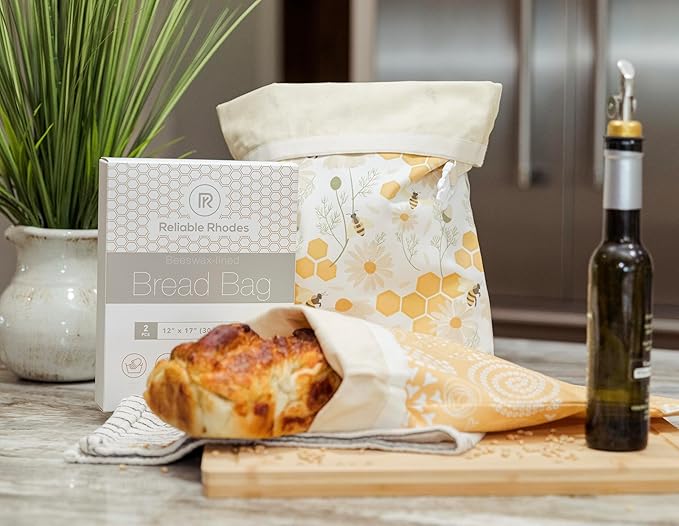 Reliable Rhodes Reusable Beeswax Bread Bag 2 Pack –12x17 Bread Bag for Homemade Sourdough, Beeswax Coated Organic Cotton Storage Bag for Loaf Baguette, Freezer Safe, Eco-Friendly Wrap Honeybee