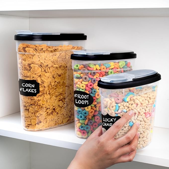 Shazo 3 PC Cereal Container Storage Set (5.2L, 2.8L, 1.2L) - Large Airtight Food Storage Containers with Flip-Top Lids, BPA-Free Plastic Cereal Dispenser for Pantry, Rice, Flour, Sugar & Pasta