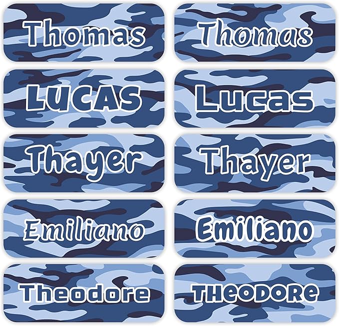 KYTRA Personalized Name Labels for Kids 120 Stickers for Daycare & School Supplies, Clothes, Toys, Lunchboxes and More - Waterproof, Laundry, Dishwasher & Microwave Safe, Made in USA (BlueCamo)