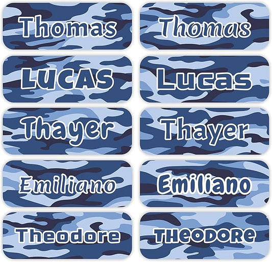 KYTRA Personalized Name Labels for Kids 120 Stickers for Daycare & School Supplies, Clothes, Toys, Lunchboxes and More - Waterproof, Laundry, Dishwasher & Microwave Safe, Made in USA (BlueCamo)