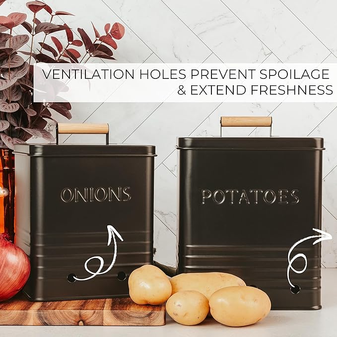 Beautiful Potato and Onion Storage Container Set - Perfectly Sized Spacious Canisters For Your Kitchen Counter Or Pantry - Quality Food Safe Metal Bins Keep Your Produce/Vegetables Fresh Longer