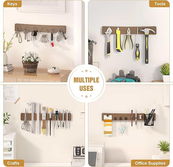 Magnetic Knife Holder for Wall, 16" Acacia Wood No Drill Knife Magnet Strip Use as Tool Key Storage Knife Bar, Powerful Wall Mounted Magnetic Knife Rack for Refrigerator & Kitchen Utensil Organizer