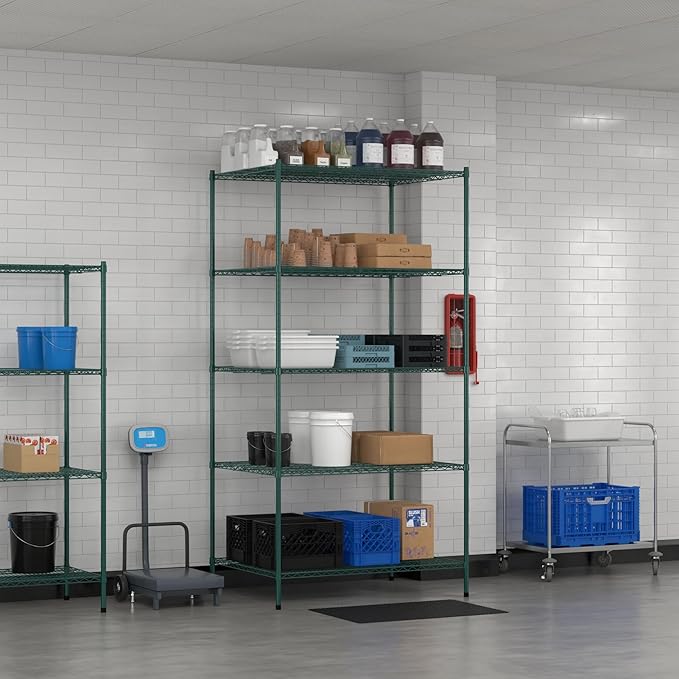 Commercial NSF Listed Green Epoxy Stationary Wire Shelving Kit 36" x 48" x 96", with 5 Shelves Perfect for Warehouse, Walk-in Refrigerator, Freezer, Grocery Store, Restaurant, Dishroom