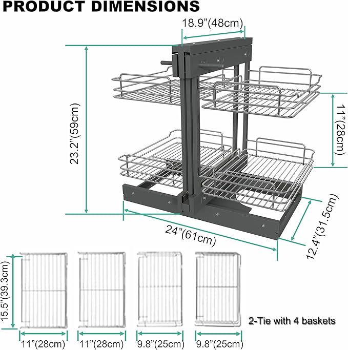 Blind Corner Cabinet Pull Out 2 Tier 4 Shelves Magic Corner Kitchen Cabinet Pull Out Shelf Organzier Soft Close Bottom Mount Min Opening 15in，Metal