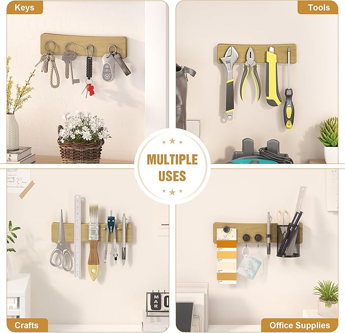 Magnetic Knife Holder for Wall, 10" Acacia Wood No Drill Knife Magnet Strip Use as Tool Key Storage Knife Bar, Powerful Wall Mounted Magnetic Knife Rack for Refrigerator & Kitchen Utensil Organizer