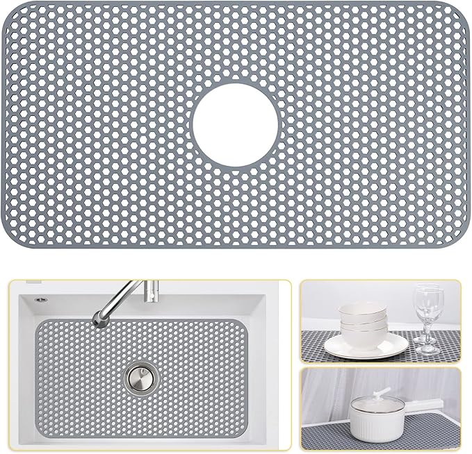 Bestjing Silicone Sink Mat, 26'' x 14'' Protectors for Kitchen Sink with Center Drain, Kitchen Protector Accessory, Non-Slip Grid Mat for Bottom of Farmhouse Porcelain Stainless Steel(Center Hole)