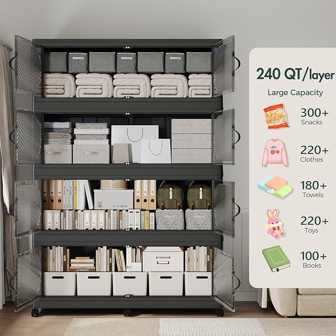720QT Extra Large Stackable Storage Bins with Lid, 180Gal Plastic Closet Organizers and Storage Drawer, Collapsible Cabinet Box with Wheels Clear Doors for Home Kitchen Office, 3Pack Black
