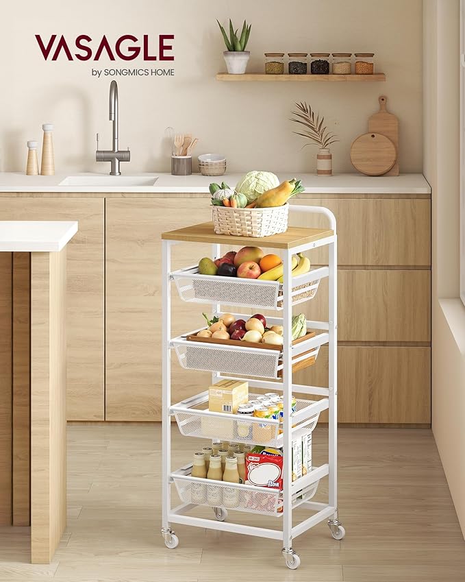 VASAGLE Storage Rolling Cart with Pull-Out Baskets, 5-Tier Utility Cart Orgnizer with Wheels for Laundry Room, Kitchen, Handle, 12.5 x 15.8 x 37.4 Inches, Golden Oak and Matte White ULRC041YA01