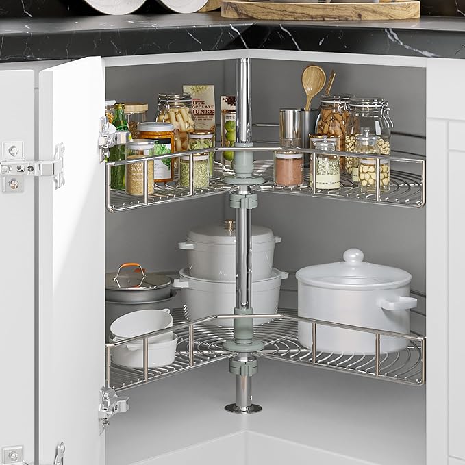 YITAHOME 31" Lazy Susan Turntable with Chrome Pie-Cut Design, 270° Chrome Corner Organizer with 2 Shelves and Adjustable Height for Cabinet, Silver