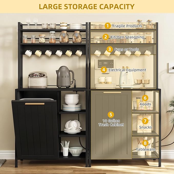 YITAHOME Black 6-Tier Pantry Cabinet with Trash Can Storage & Power Outlet, Large Freestanding Kitchen Organizer for Microwave, Coffee Bar & Dining Room, Bakers Rack with Storage