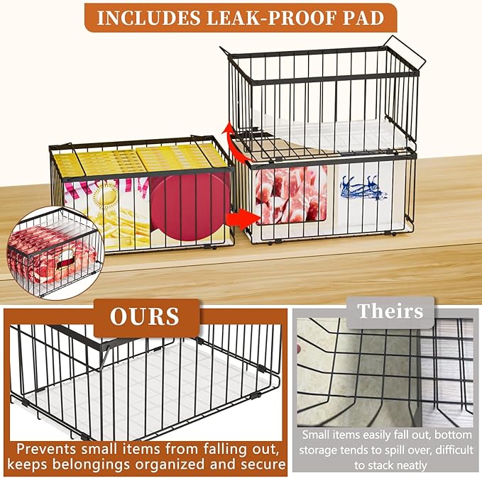 Large Freezer Organizer Bins, Upgrade One-Touch Open/Close, 4 Pack Big Stackable Deep Freezer Organizer Bins, Black Wire Foldable Baskets with Handles, for 5 to 7 Cu.FT Deep Freezer Sort Frozen Meats