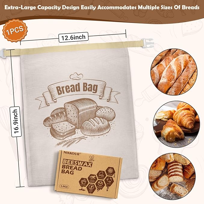 NIKKOUR Cotton Beeswax Bread Bag Reusable Double-Lock Freezer Safe for Homemade Sourdough Bread Food Storage Gifts for Sourdough Bakers (Pattern 2 1PCS)