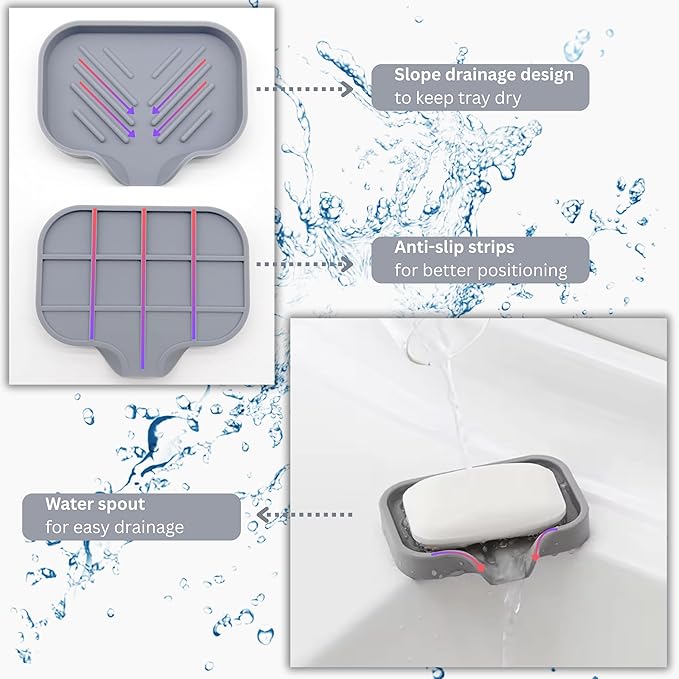 Silicone Soap Tray, Soap Dishes with Drain Spout, Bathroom and Kitchen Sink Organizer, Sponge Holder, Perfect for Dispenser, Scrubber, Bottle, Cup on Sink or Counter - Large and Small Set (Gray)