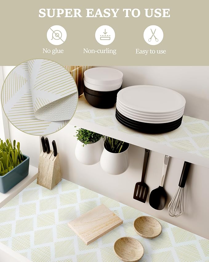 Drawer and Shelf Liner for Kitchen, Non-Slip Non-Adhesive Cabinet Liners for Cupboard, Dresser, Shelves, Tool Box, Pantry, Thickened Easy Install, Strong Grip, Yellow&White, 17.5in x 10FT