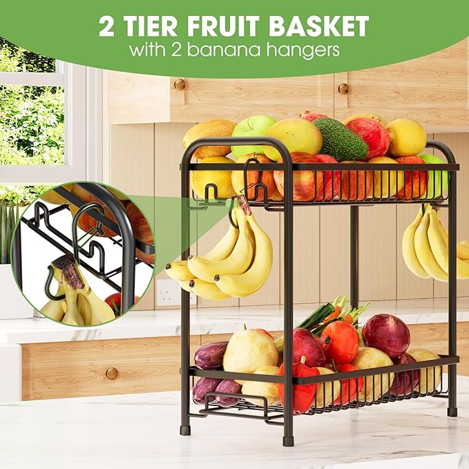 Fruit Basket for Kitchen Counter, Extra Large Fruit Bowl with Banana Hangers, 2 Tier Fruit Holder Stand Countertop Organizer for Vegetable Onion Potato Bread Snack Produce Storage and Display, Black