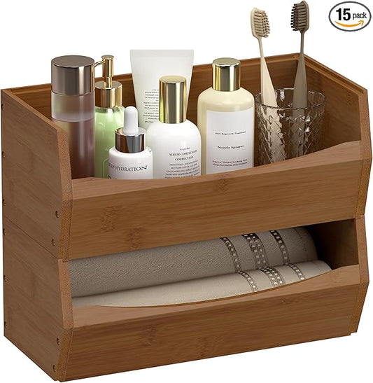 2 Set Open Front Stackable Storage Bins, Bamboo Stacking Storage Bins Food Vegetable Makeup Containers, Organizer Bins for Kitchen, Bathroom, Office, Cabinet, Countertop Storage (Long Walnut)