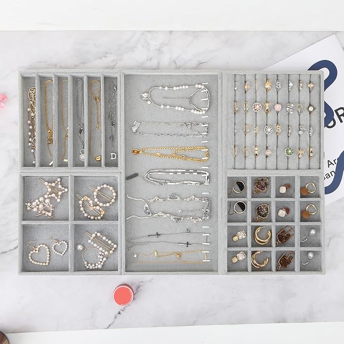 Fixwal Jewelry Organizers and Storage, 14in Stackable Jewelry Drawer Organizer, Set of 5 Jewelry Trays with Removable Dividers, Multi-Layer Tray for Earrings Necklaces Bracelets Watches, Grey