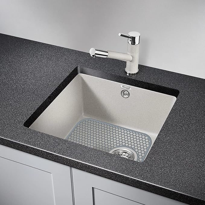 Bestjing Silicone Kitchen Sink Protector Mat with Rear Drain - 13.58''x 11.6'' Kitchen Sink Accessory, Folding Non-Slip Heat Resistant Mat Grid for Bottom of Stainless Steel Porcelain (Rear Hole)