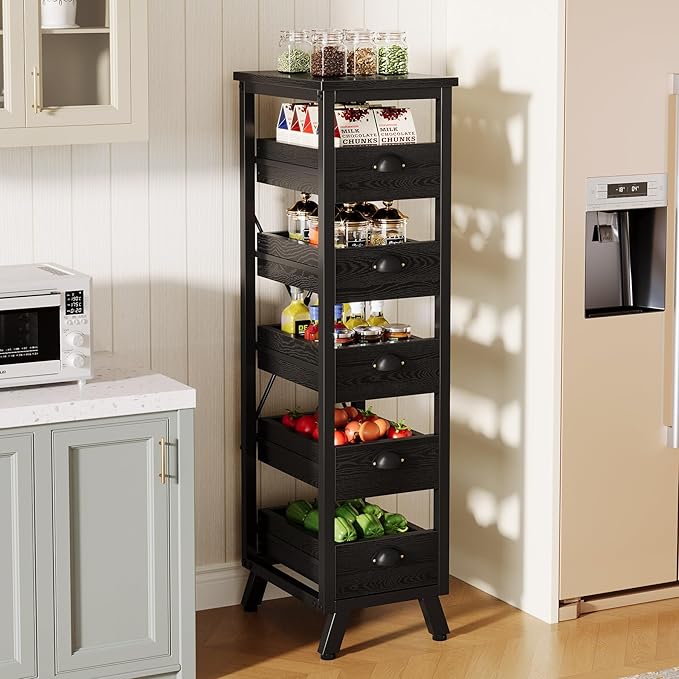 Tribesigns Wood Fruit and Vegetable Storage Rack Set of 2, 5-Tier Narrow Snack Stand Kitchen Stand Fruit Basket, Pull-Out Utility Organizer for Kitchen, Living Room, Black