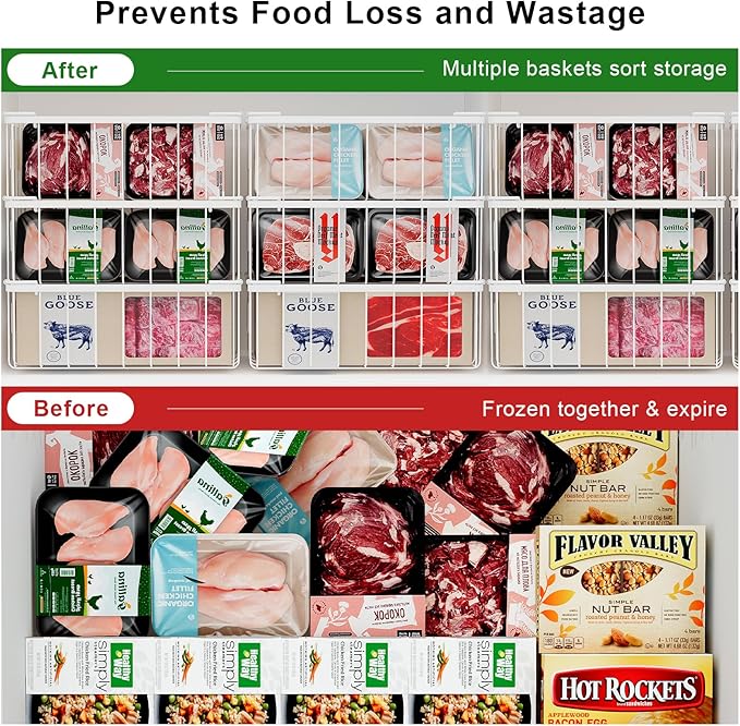 lonpute Freezer Organizer Bins -8 Pack Stackable Chest Freezer Organizer Baskets With Tag, For Kitchen, Cabinets, Cupboards, Counter Top, Freezer, Pantry. White