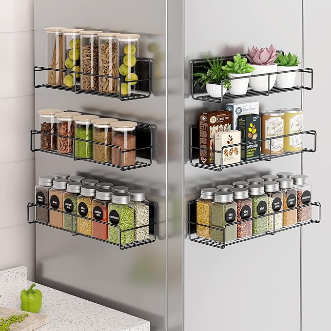 Mystozer 6 Pack Magnetic Spice Rack Organizer, Space Saver for Refrigerator and Whiteboard, Metal Fridge Shelf for Kitchen and Classroom, Black