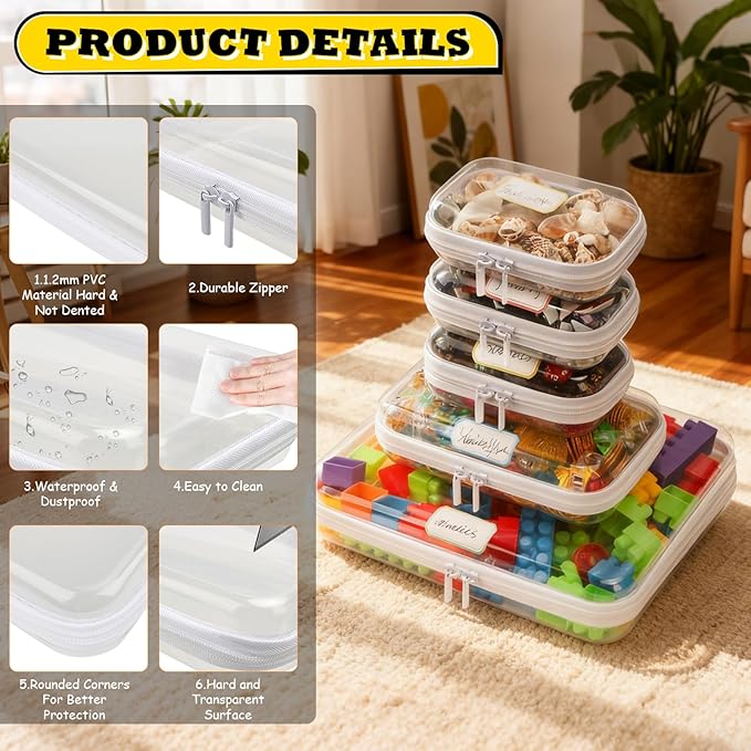 5 Pack Clear Hard Shell Zipper Case,Waterproof Toiletry Cosmetic Bag,Toy Organizers and Storage Box,Diaper Bag Organizer,Pencil Case,Clear Plastic Zipper Pouches for Office Home Storage(L,S,Mini)