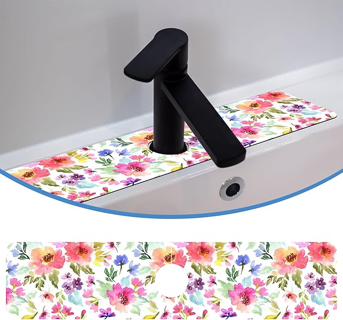 Watercolor Floral Faucet Mat Splash Guard Purple Pink Meadow Flower, Soft Diatom Mud Material, Strong Water Absorption, Non-slip,Easy to Clean for Bathroom, Kitchen 23.5"X5.5"