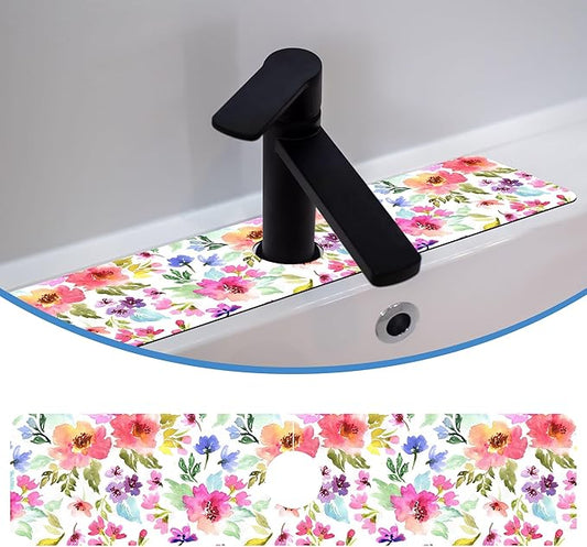 Watercolor Floral Faucet Mat Splash Guard Purple Pink Meadow Flower, Soft Diatom Mud Material, Strong Water Absorption, Non-slip,Easy to Clean for Bathroom, Kitchen 23.5"X5.5"