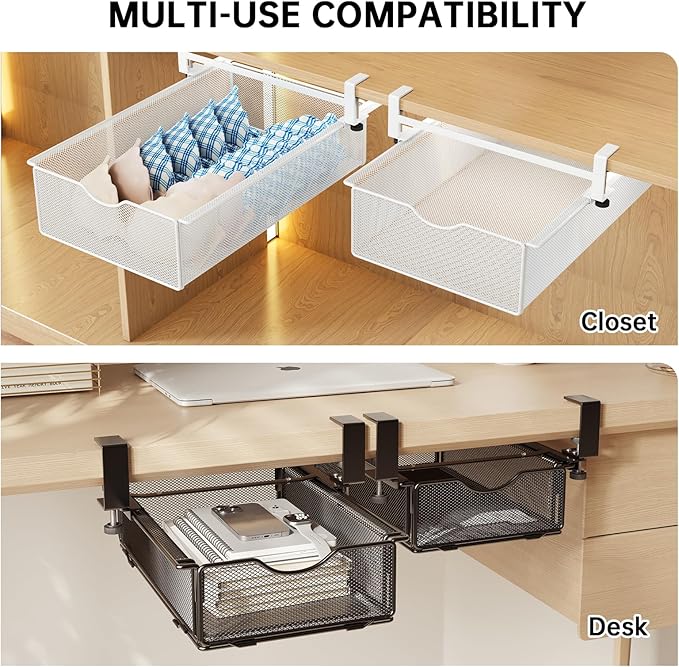 Under-Desk Drawer Slide Out Clamp-On-Desk Shelf for Office Supplies and Books Storage Metal Attachable Table Drawer Fit for Table Thickness 0.47-2.36in (Black, Normal)