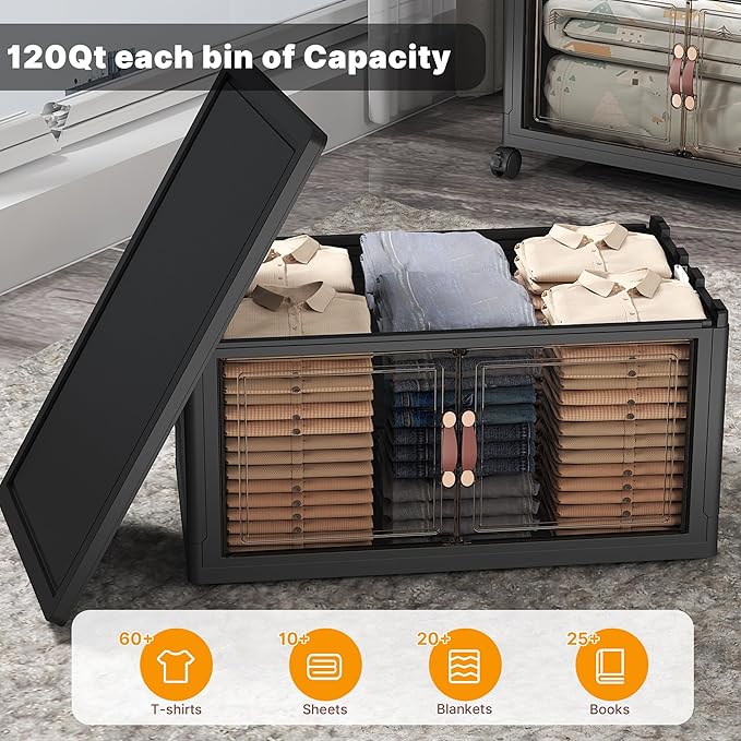 Stackable Storage Bins with Lids & Wheels & Door, Foldable Collapsible Closet Organizers, Extra Large Plastic Storage Drawers for Bedroom Dorm Office Garage (Dark-112QT, 5Pack with 1 top lid)