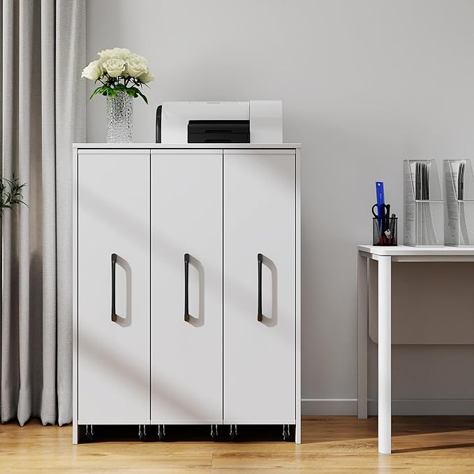 Bookcase with Three Pulled Out Doors Shelving Cabinet,3 Tier Floor Standing Bookcase,Slide Out Storage Bookcase File Cabinet,Office Bedroom Living Room Hidden Storage Cabinet with Wheels