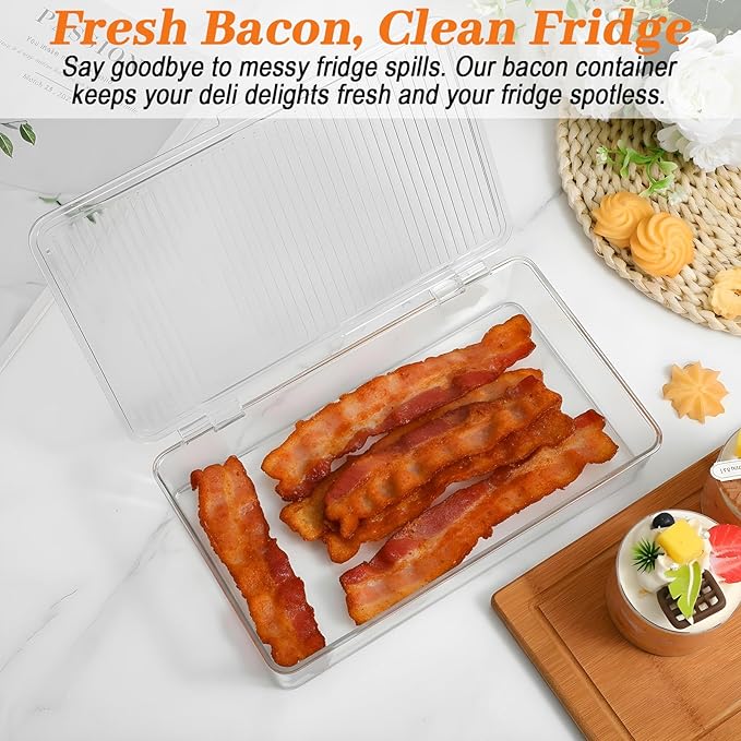 2 Pack Bacon Container For Refrigerator, Clear Plastic Storage Bin with Lid,Refrigerator Fridge Storage Organizer Storage Box for Coffee, Bathroom, kitchen, Snack, Beauty