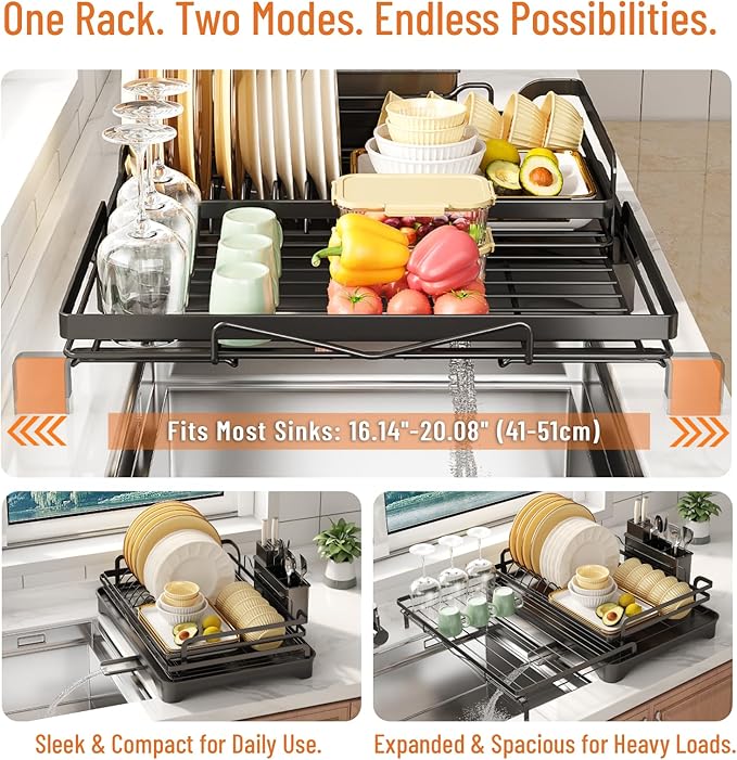 Extendable Dish Rack for Kitchen Sink - Heavy-Duty Adjustable Over Sink Drying Rack with Utensil Holder & Drain Tray, Space Saving Steel Frame Dish Rack (Black)