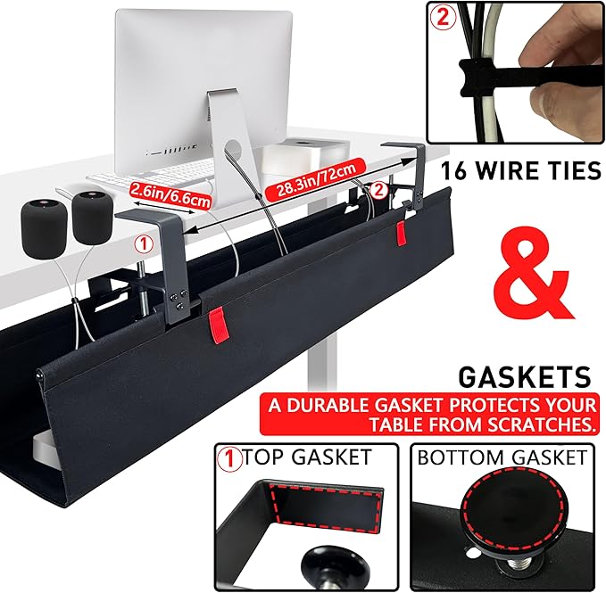 AHOMO [Upgraded] Under Desk Cable Management, 48" Cord Organizer, with Silicone Pads (No Scratch!), 16 Cable Ties, Washable PE Honeycomb Base,Fits Any Desk 0-2.1", No Stinky Cardboard!Black 48"L x 6"W