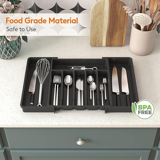 1Pcs Large Expandable Silverware Organizer - BPA Free Plastic Adjustable Utensil Tray, Large Utensil/Kitchen Drawer Cutlery Holder for Forks, Knives, Spoons & Flatware, Multipurpose Storage
