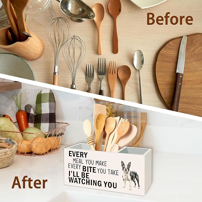 Boston Terrier Dog Kitchen Utensil Holder for Countertop, Dog Decorative Lover Gifts, Funny Every Meal You Make Every Bite You Take Wooden Utensil Holder Organizer for Kitchen Table Decor